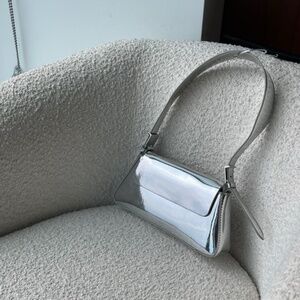 Minimalist Metallic Shoulder Bag With Flap